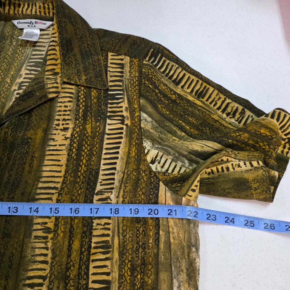 Vintage Beverly Rose USA Women Large Olive Green Gold Patterned Button Up Blouse - Picture 7 of 7